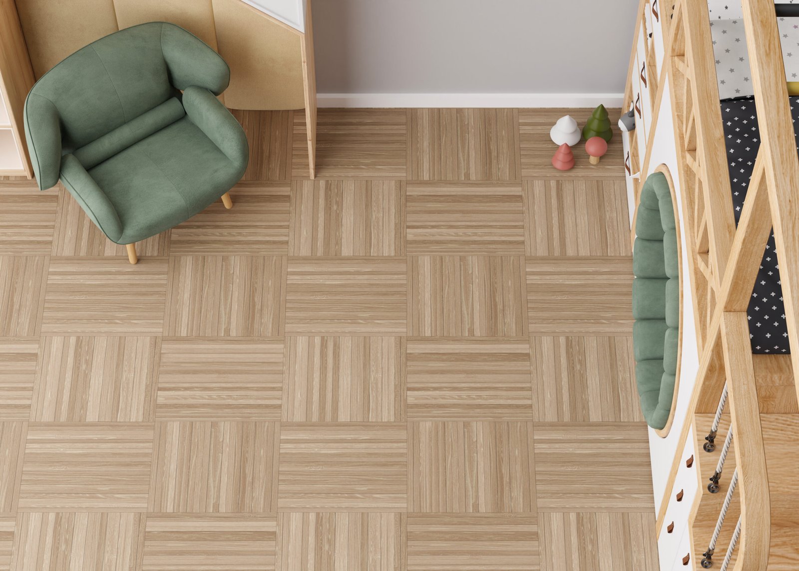 Room mock up for carpet. Children's room interior in scandinavian, contemporary style. Top view. Empty, copy space on parquet floor for your carpet or rug design.