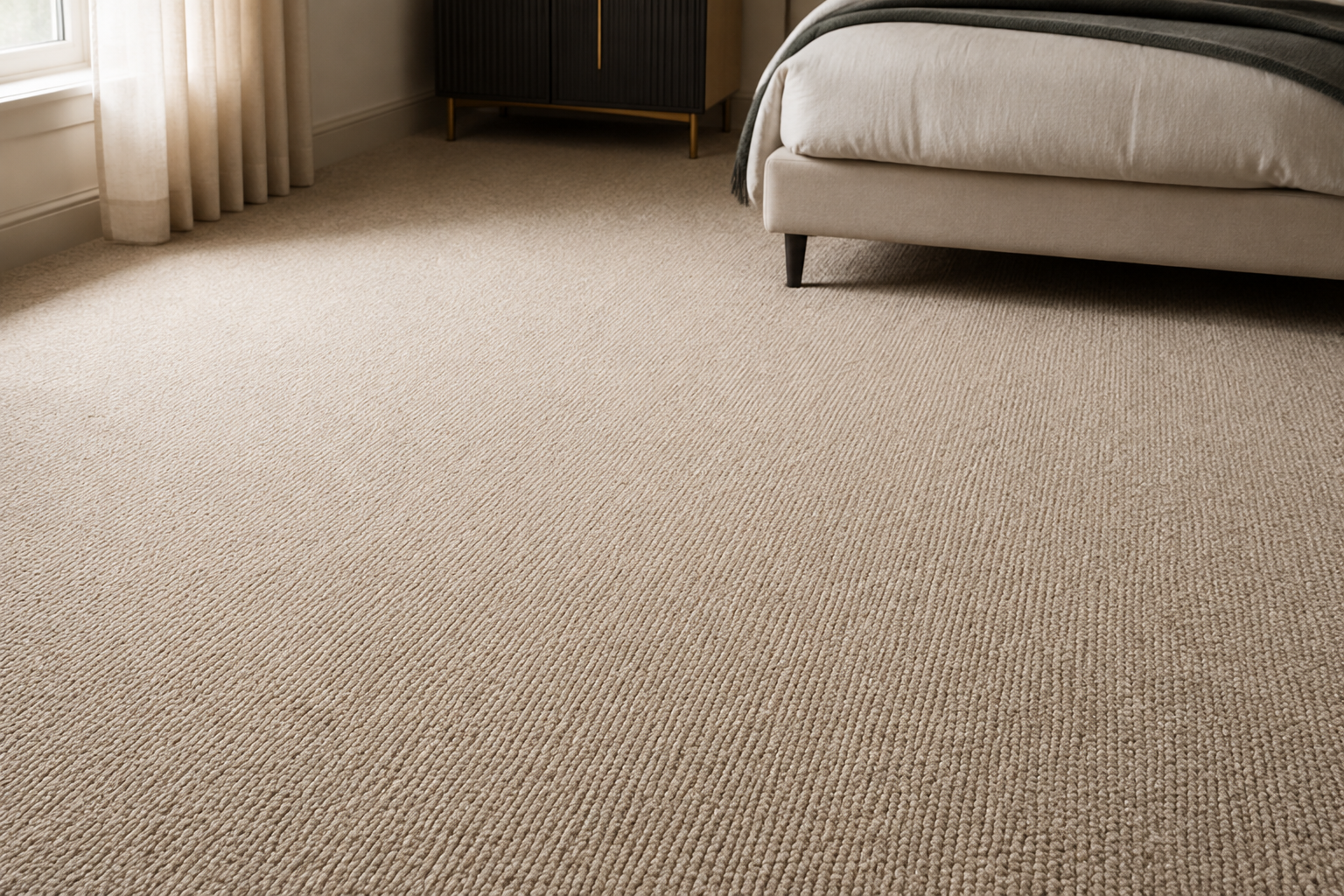 Soft oatmeal carpet fitted throughout a finished bedroom