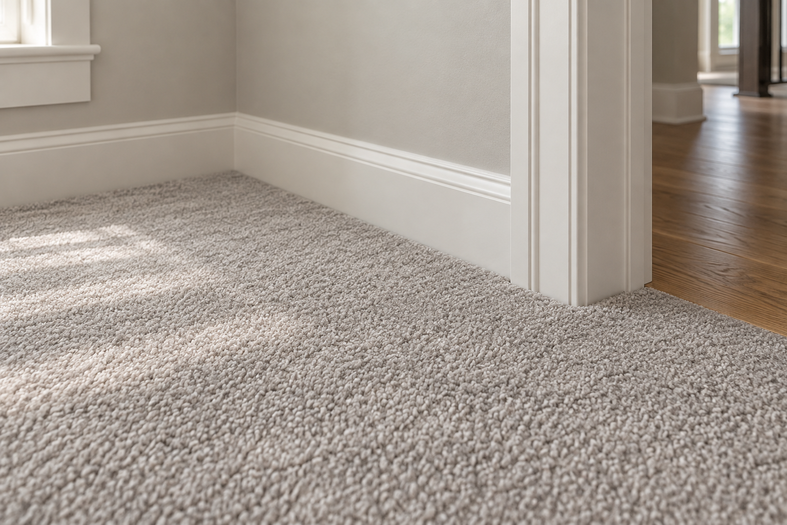 Finished carpet fitted neatly against baseboards and a doorway