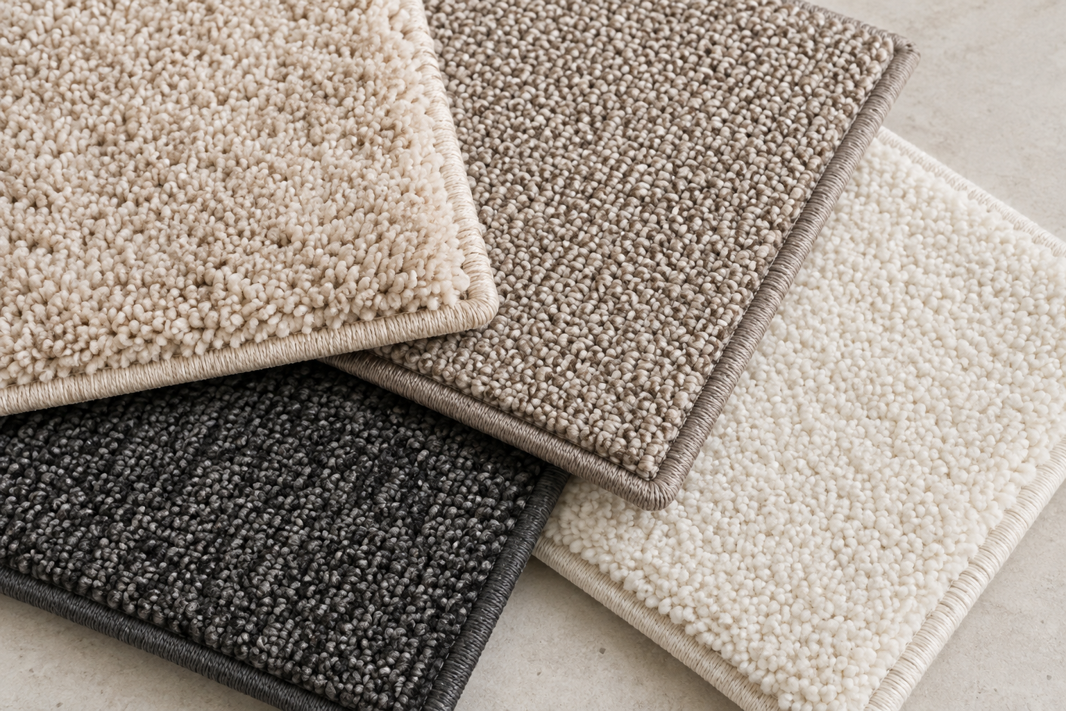 Neutral carpet swatches showing different colors and pile textures