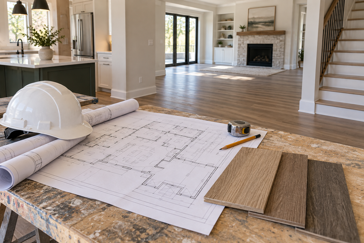 Flooring samples, project plans and a hard hat in a residential remodel