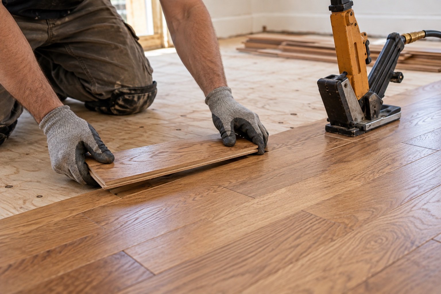 Installer fitting a hardwood plank beside a flooring nailer
