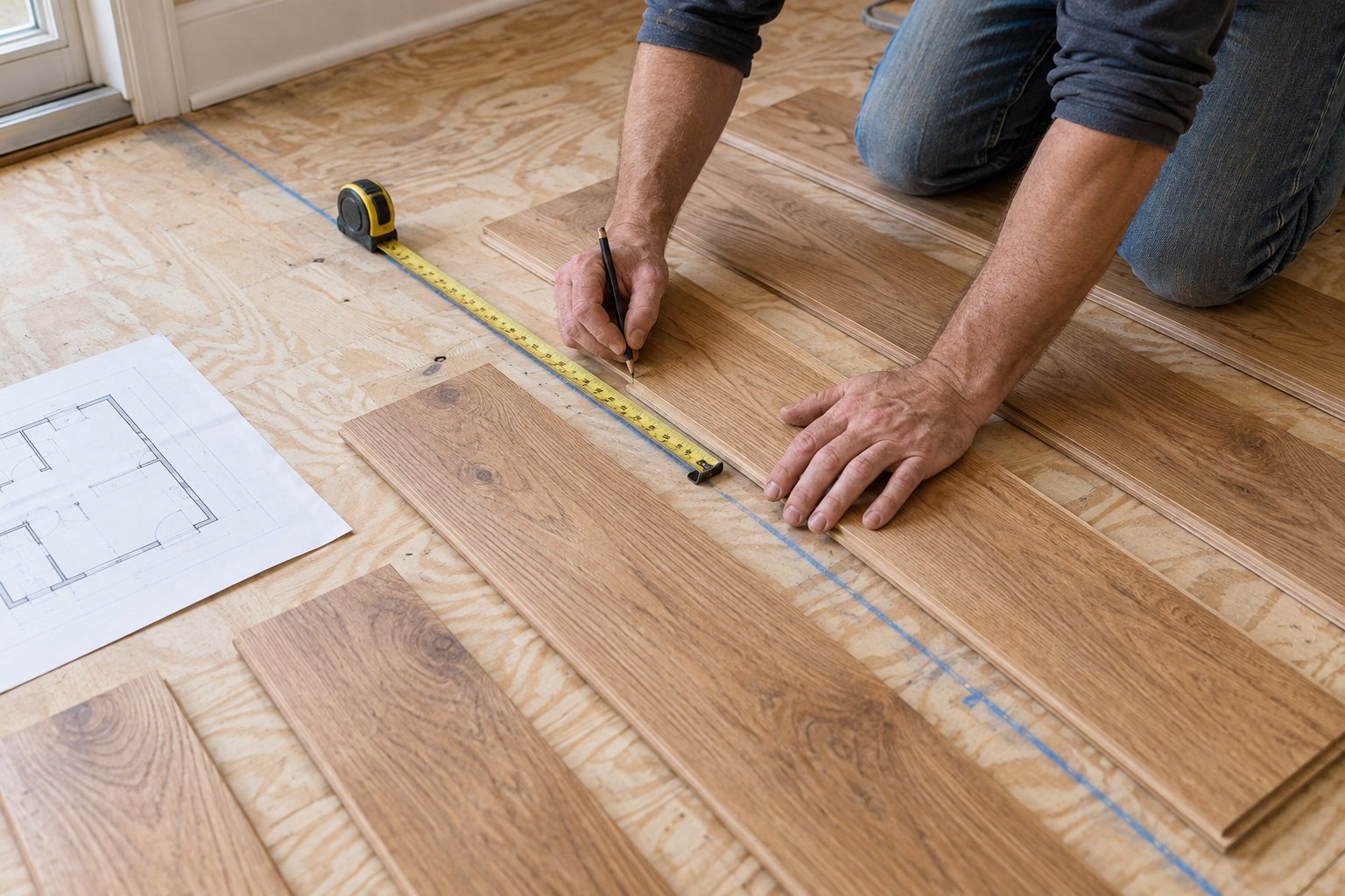 Planning hardwood board direction with a tape measure and chalk line