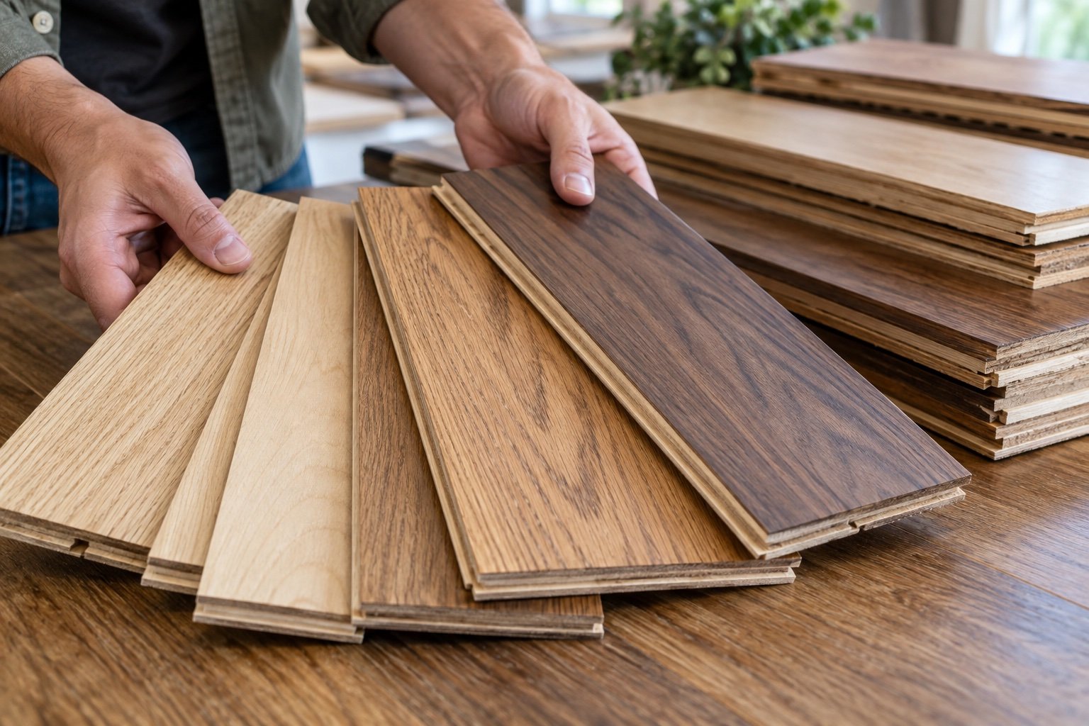 Hardwood sample boards showing different wood species, grains and finishes