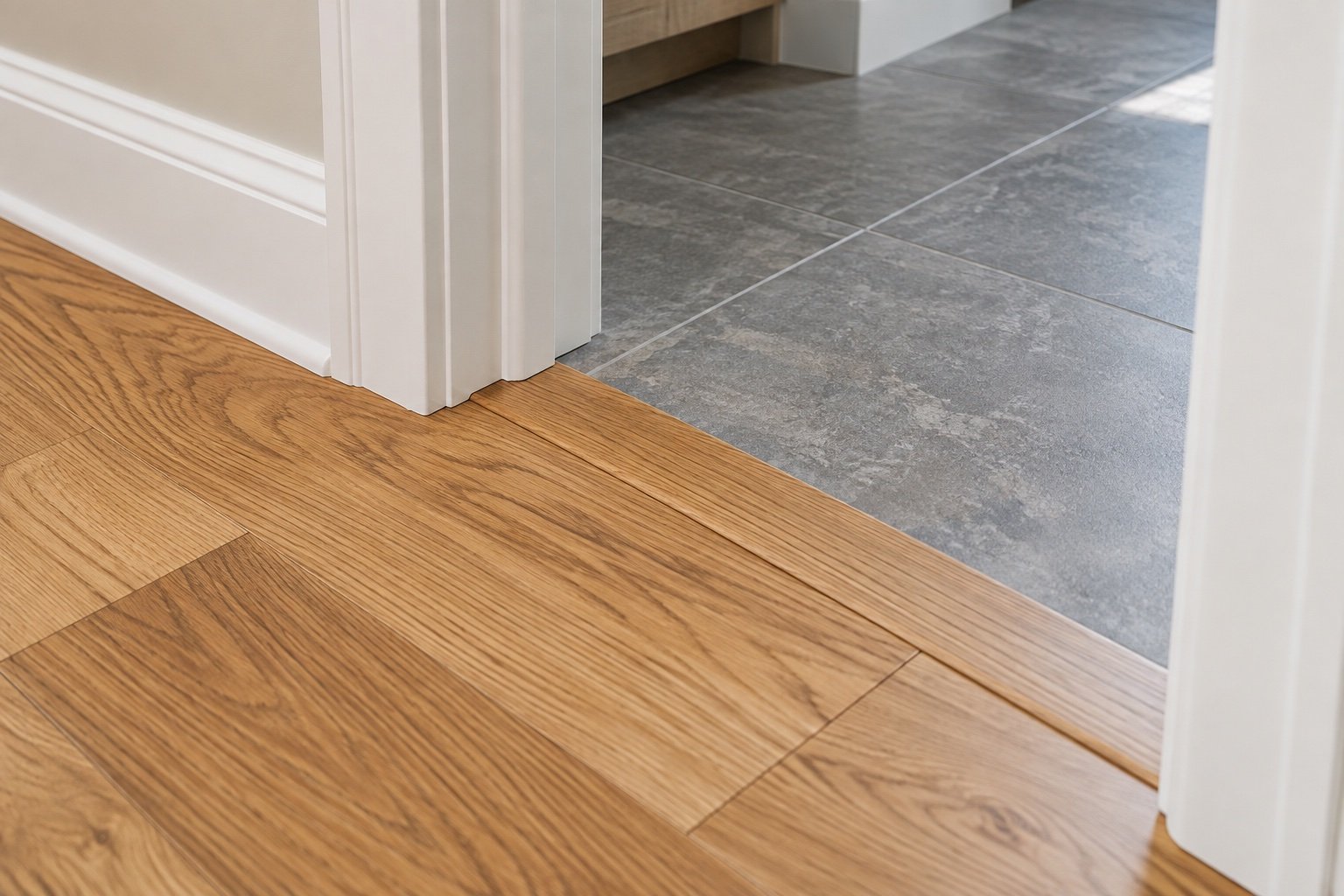 Finished oak transition strip, white baseboard and doorway trim