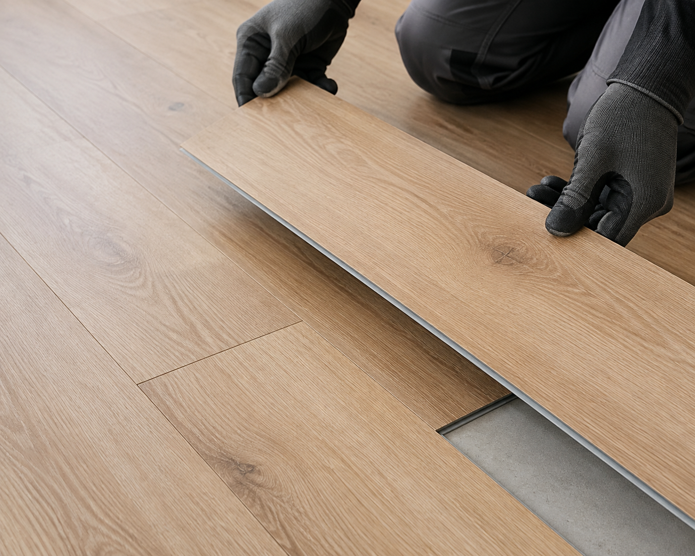 Gloved hands fitting a flooring plank during installation
