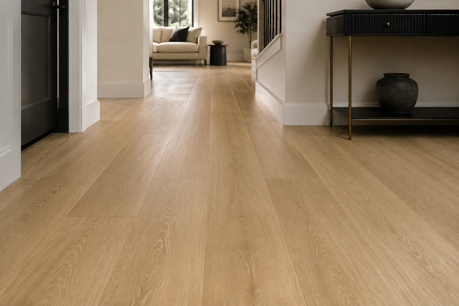 Finished warm oak-look luxury vinyl plank hallway