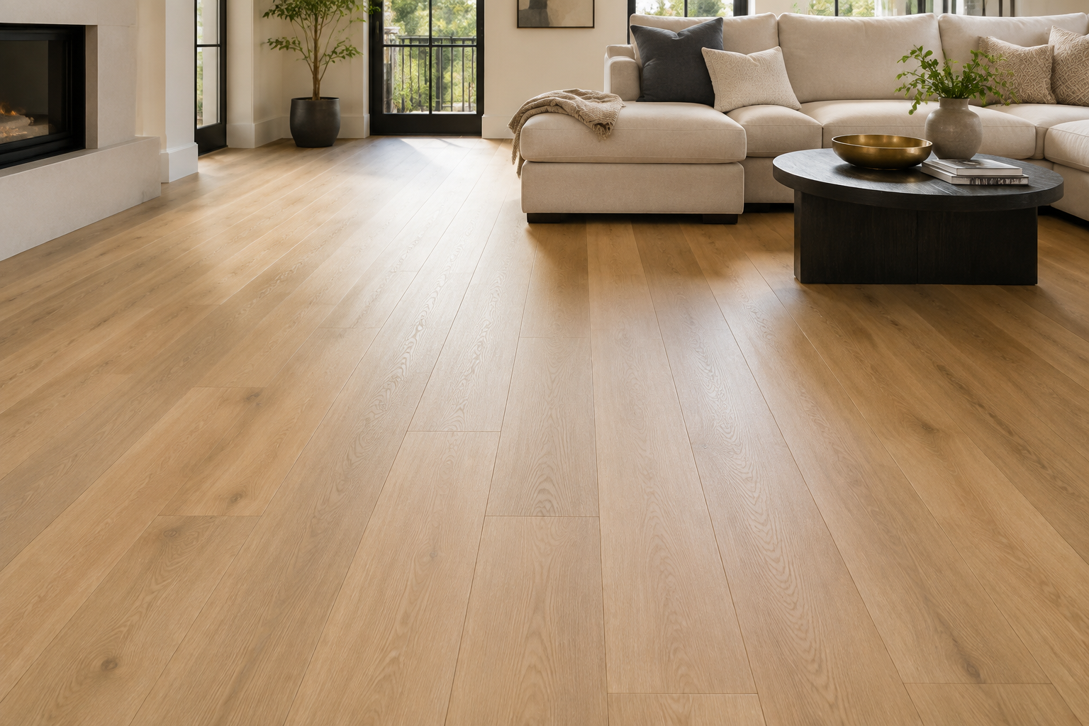 Finished oak-look luxury vinyl flooring in a bright living room