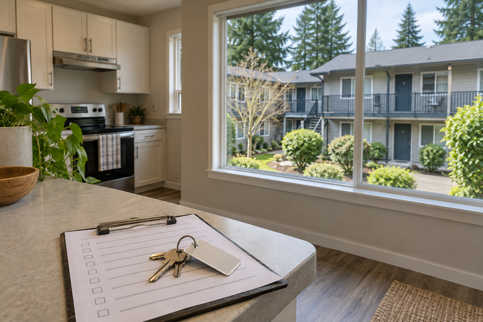 Apartment keys and an inspection checklist for a rental property