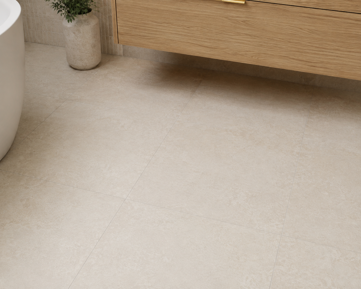 Finished ivory porcelain tile flooring with clean grout lines
