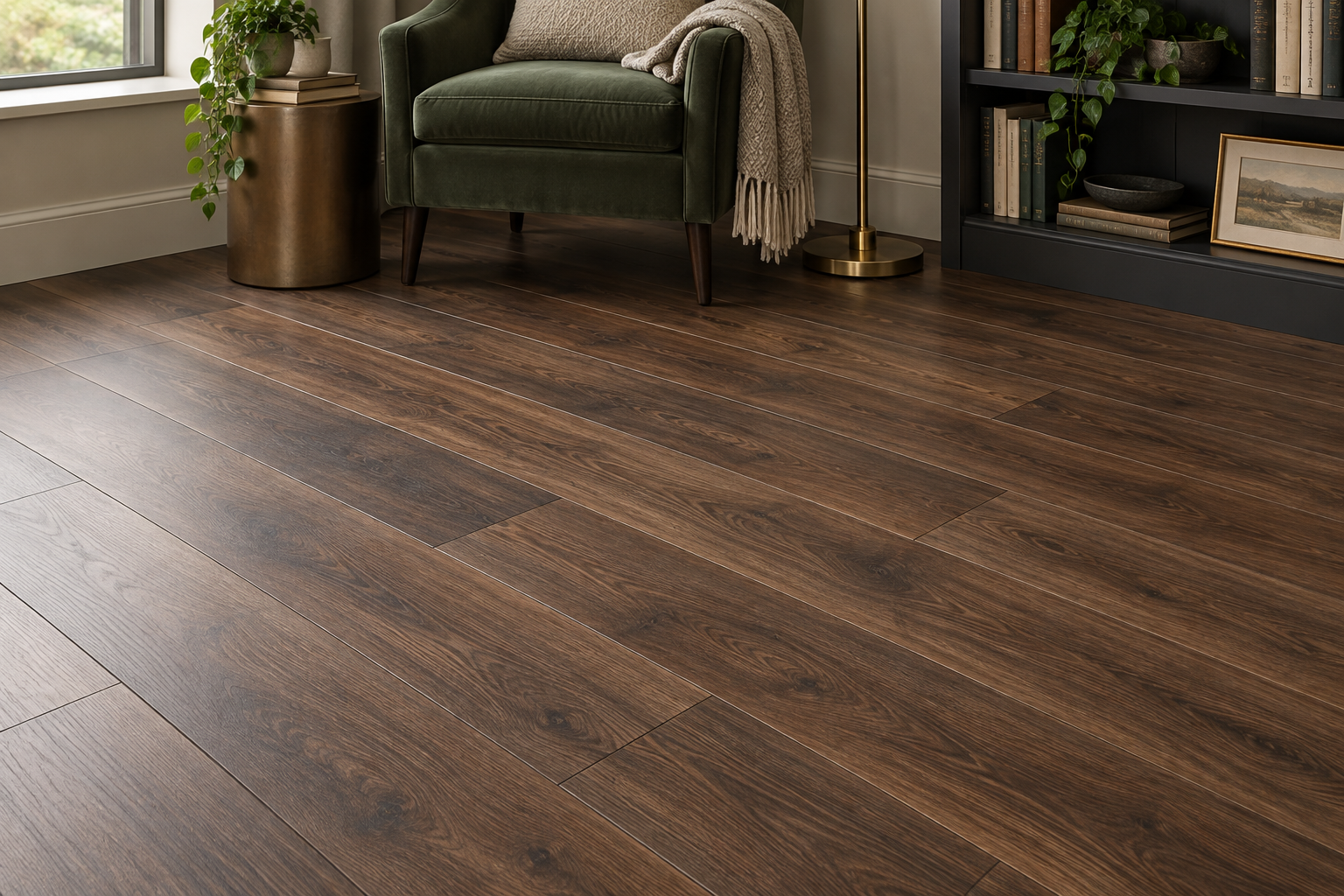 Finished walnut-look laminate flooring in a reading nook